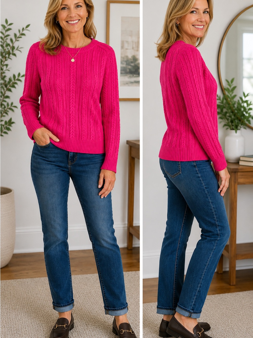 Lands’ End Women’s Sz M 10-12 Hot Pink Cable Knit Crewneck Sweater Cotton Preppy